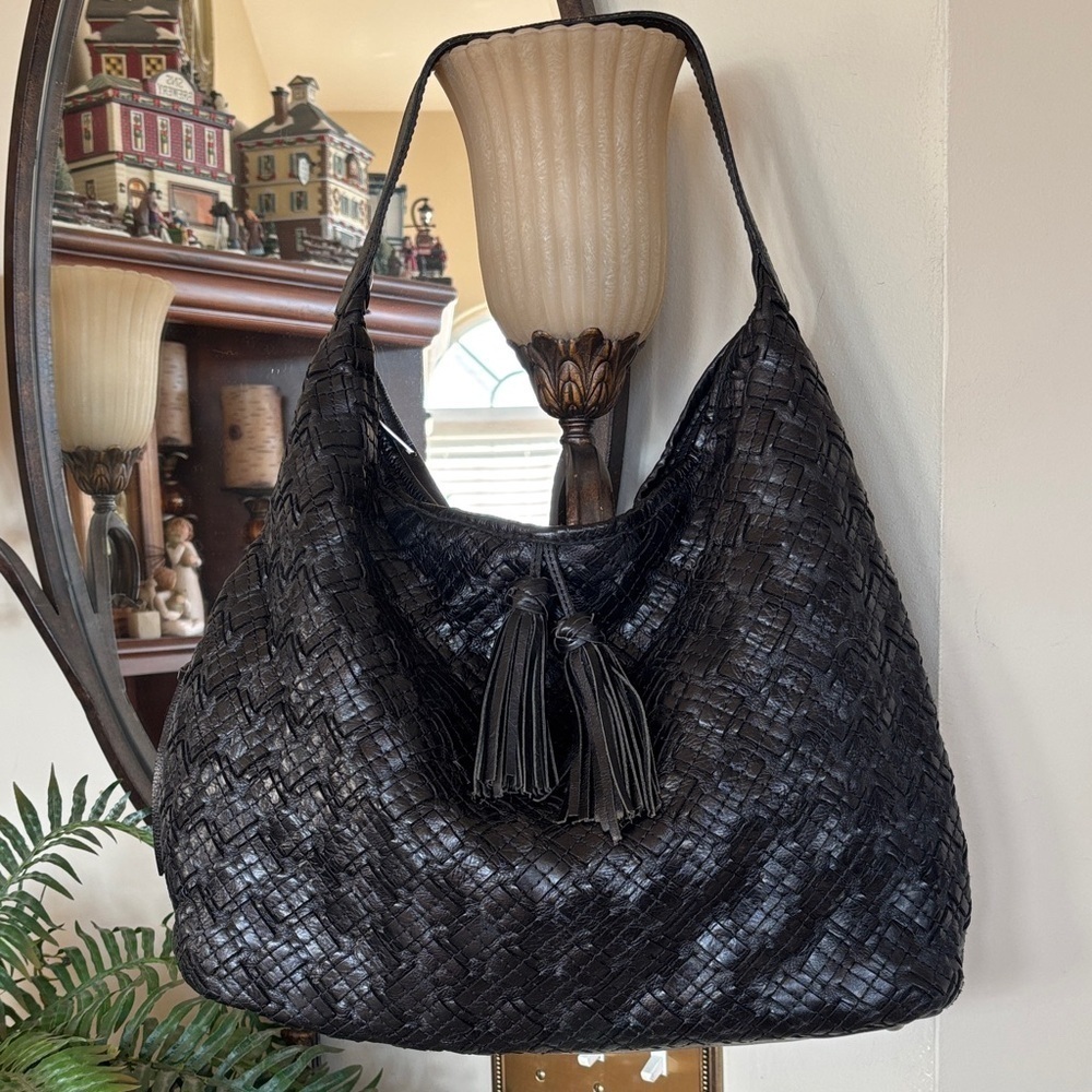 Patricia Nash Black Leather Braided Stitch Marcellina Hobo Bag Tassel Purse